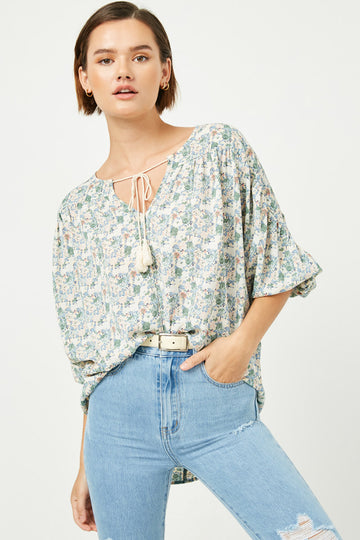HY2504 Green Womens Floral Print Tassel Neck Top Front